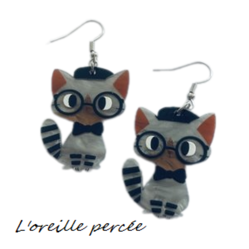 Boucle d'oreille chat et ses lunettes