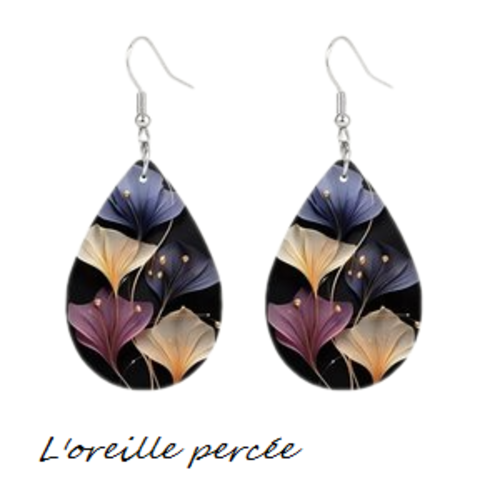 Boucle d'oreille goutte motif feuille