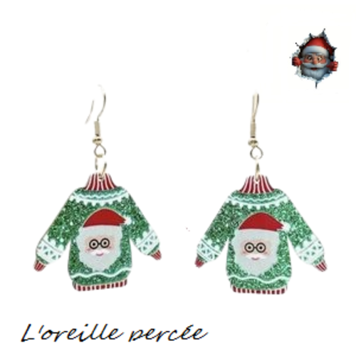 Boucle d'oreille pull de noël vert paillette tête de père noël