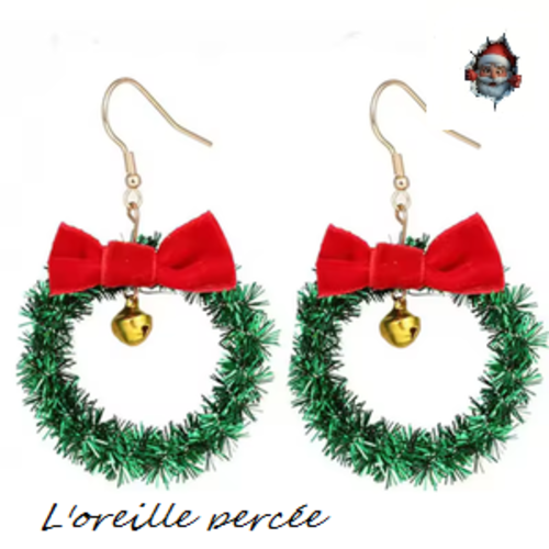 Boucle d'oreille grande couronne de noël;avec son noeud et son grelot