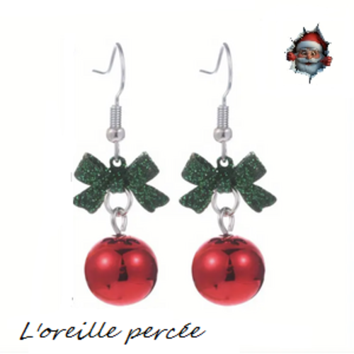 Boucle d'oreille pendante boule rouge et son noeud vert