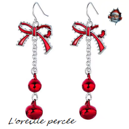 Boucle d'oreille pendante noeud et grelot rouges