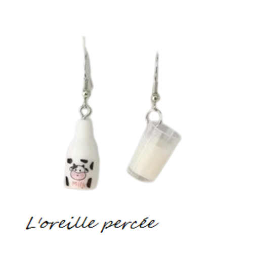 Boucle d'oreille asymétrique bouteille de lait et verre de lait