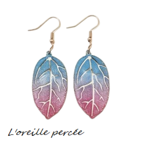 Boucle d'oreille feuille dégradée bleu/rose