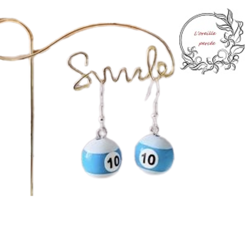 Boucle d'oreille boule de billard n°10 bleu/blanc