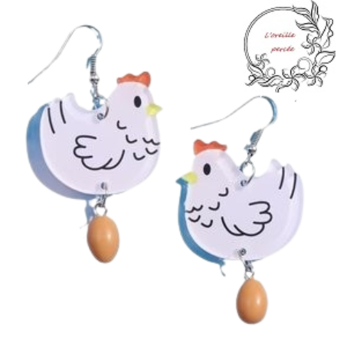Boucle d'oreille poule et son oeuf
