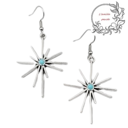 Boucle d'oreille étoile argentée au coeur turquoise