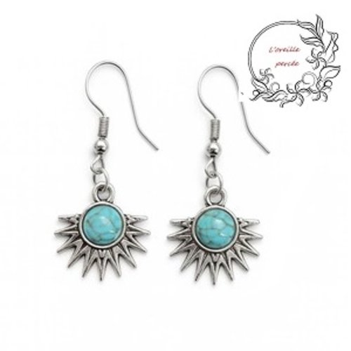 Boucle d'oreille éventail au coeur turquoise