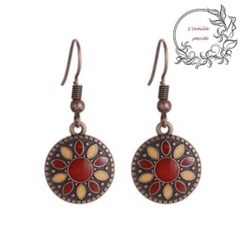 Boucle d'oreille médaillon rouge/orange