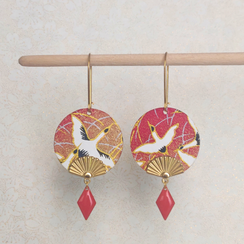 Boucles d'oreilles motif grues, rouge
