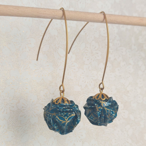 Boucles d'oreilles origami kusudama, vert et or