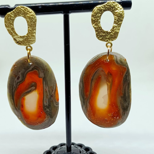 Boucles d'oreilles pendantes en fimo translucide, kaki et orange