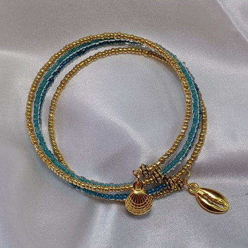 Bracelet multi rang fil mémoire couleur turquoise et or