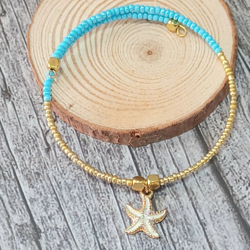 Bracelet fil mémoire turquoise/or breloque étoile de mer