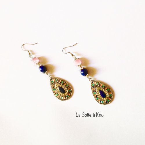 Boucles d'oreilles style bohème/ perles pierres quartz rose et lapis lazuli