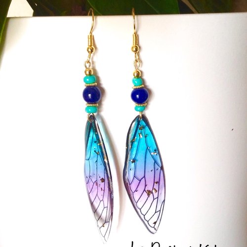 Boucles d'oreilles pendulaires ailes de papillon / pierres naturelles lapis lazuli et turquoise bleu