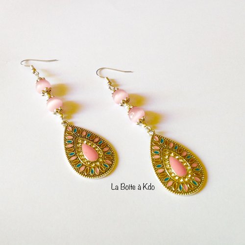 Boucles d'oreilles style bohème / perles pierres naturelles de quartz rose