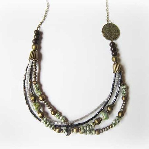 Collier multi-rangs bronze bohème ethnique - perles en verre tchèque, rocaille, bois 