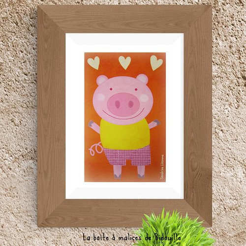Affiche pour enfant " le petit cochon amoureux" - orange, jaune, fuchsia, rose