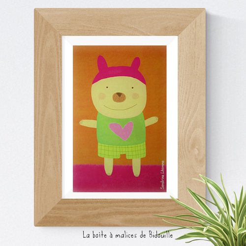 Affiche pour enfant avec petit ourson - orange, vert, fuchsia, jaune pâle, rose