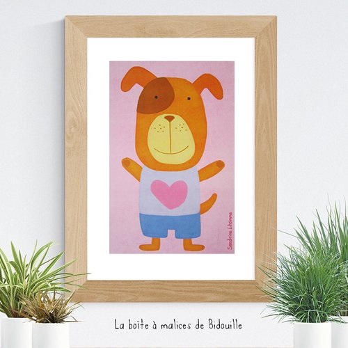 Affiche colorée pour enfant avec petit chien et coeur -  rose, bleu, orange-brun
