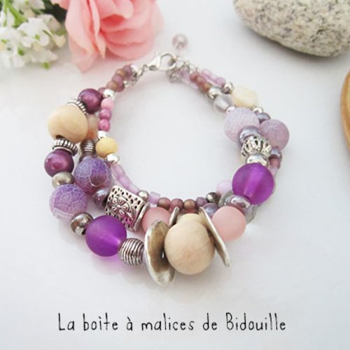 Bracelet argenté multirang perles tchèques, bois, agates... mauve, rose, parme, violet