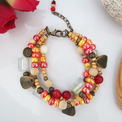 Bracelet bronze boho ethnique multirang perles lampwork, bois, breloques pétales - orange, rouge, jaune, doré