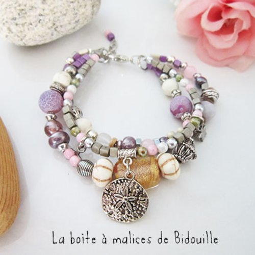 Bracelet argenté multirang et breloques: perles tchèques, lampwork, agates, howlite... mauve, rose, parme, violet, écru, gris