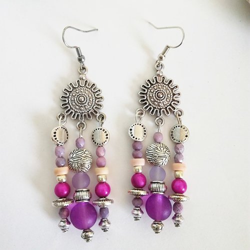 Boucles d'oreilles argentées bohème boho ethnique - perles tchèques mauve, rose, violet