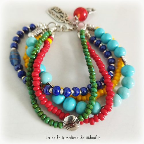 Bracelet boho multirang argenté et multicolore - rouge, vert, bleu, turquoise, jaune