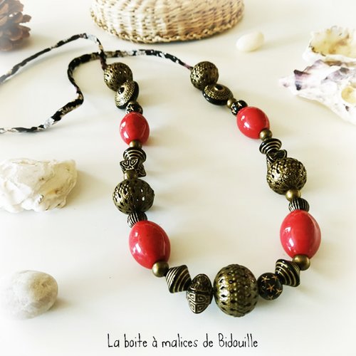Sautoir boho chic ethnique bronze avec grandes perles - rouge, noir