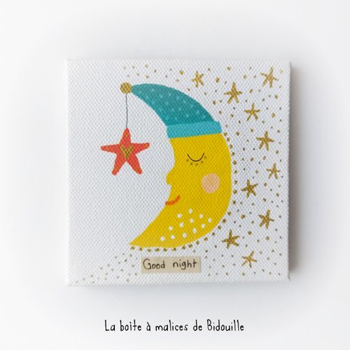Toile, petit tableau pour chambre d'enfant - peinture déco lune et étoile