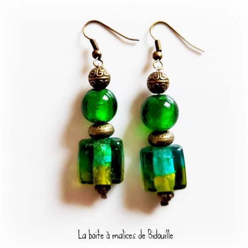 Boucles d'oreilles bronze bohème ethnique - perles en verre lampwork - vert, turquoise et doré
