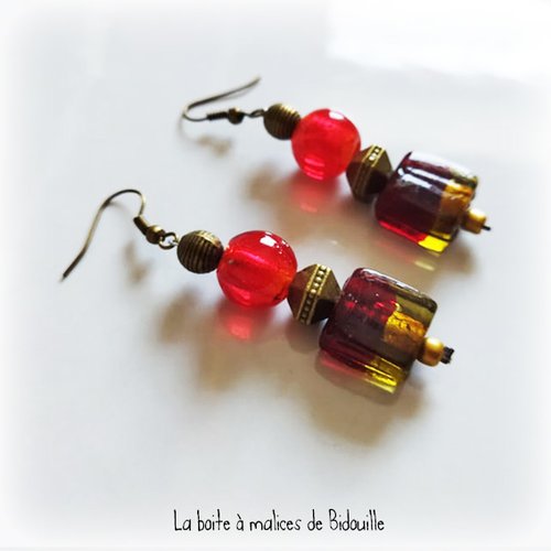 Boucles d'oreilles bronze bohème ethnique - perles en verre lampwork - rouge et doré