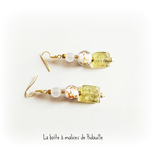 Boucles d'oreilles - doré acier inoxydable - perles indiennes, perles carrées lampwork jaune