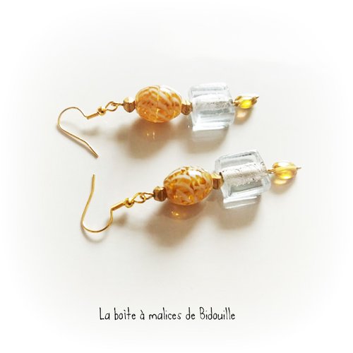 Boucles d'oreilles dorées acier inoxydable - perles indiennes et perles carrées lampwork blanc - blanc, jaune, doré