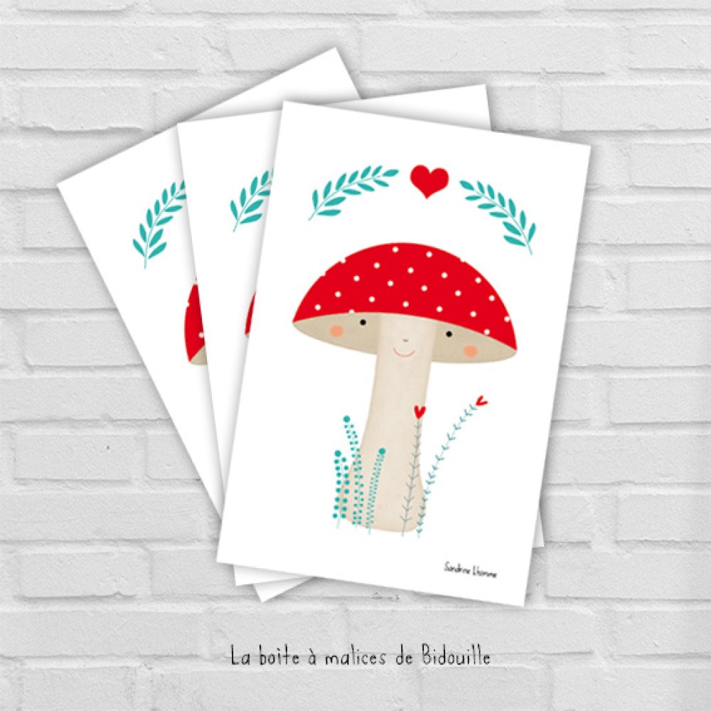 Carte postale pour enfant illustrée avec champignon rouge à pois blanc - Un  grand marché