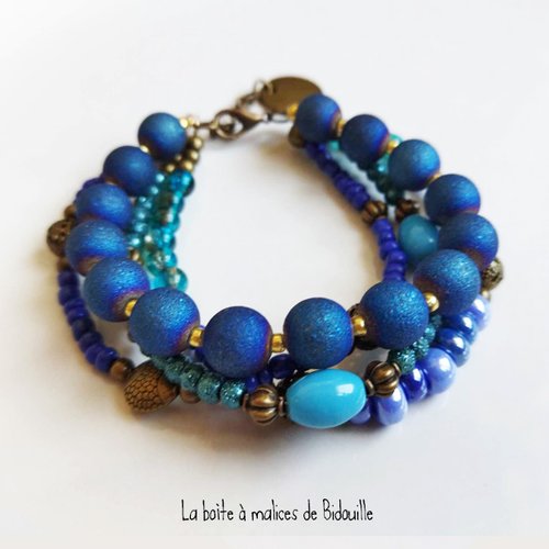 Bracelet boho multirang bronze et perles dans les tons bleus