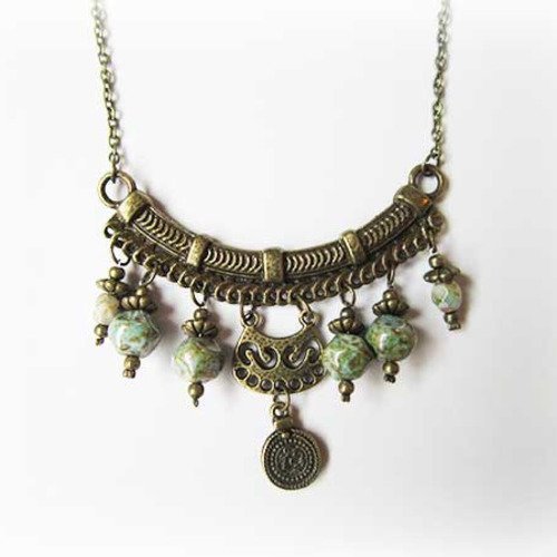 Collier plastron bronze perles tchèques et breloques - bleu, vert