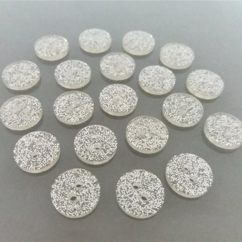 20 boutons ronds 12 mm transparents avec paillettes argentées