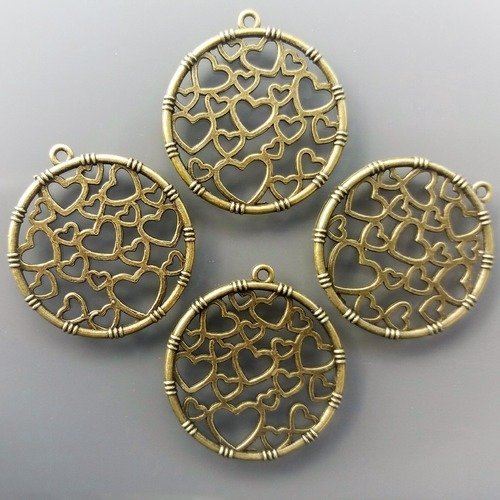 4 pendentifs coeurs 3.2 cm métal coloris bronze