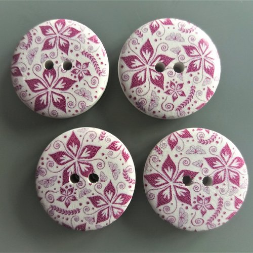 4 gros boutons bois 3 cm imprimés fleurs roses