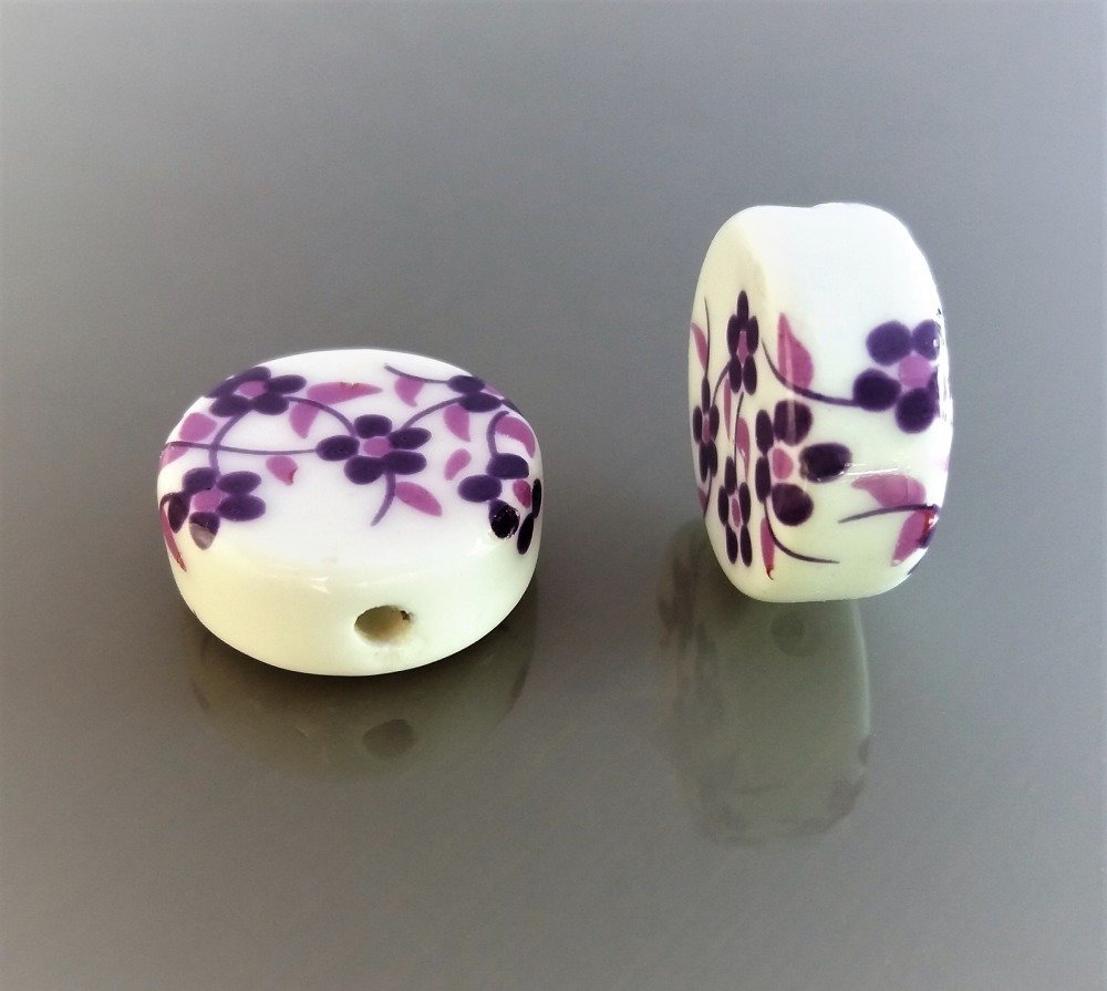6 perles céramique écrue imprimée fleurs - La boîte à secrets