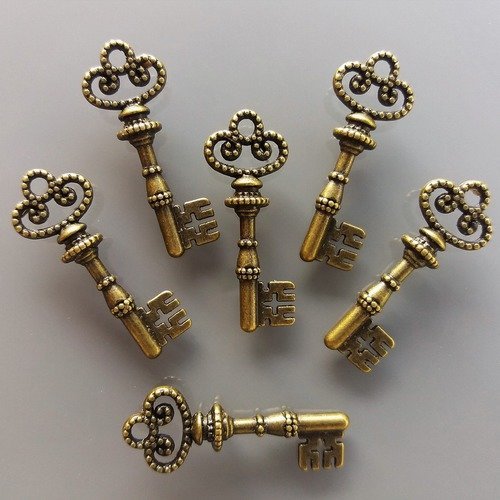 6 pendentifs clés 30 mm métal coloris bronze