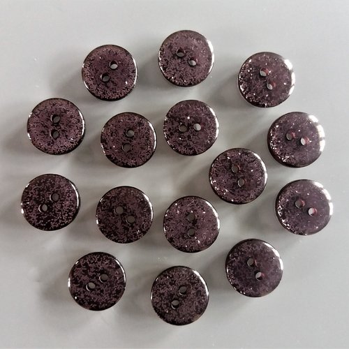 15 boutons ronds 12 mm noirs avec paillettes violettes