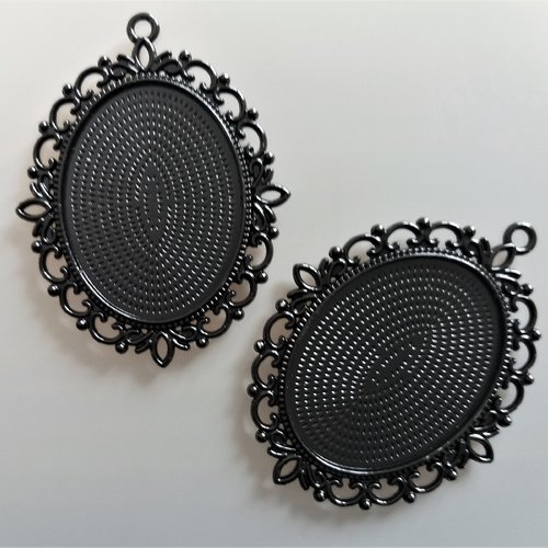 2 pendentifs pour cabochons ovales 40 mm x 30 mm métal coloris noir