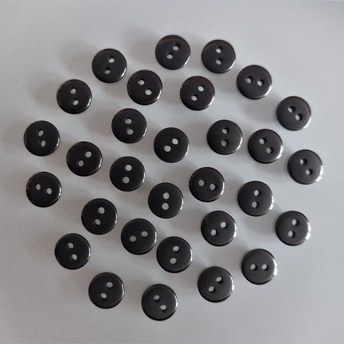 30 boutons ronds 9 mm plastique noir brillant
