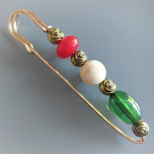 Broche épingle fantaisie coloris or clair perles bronzes, vertes, écrues et rouges