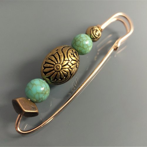 Broche épingle fantaisie coloris or clair perles bronzes et turquoises
