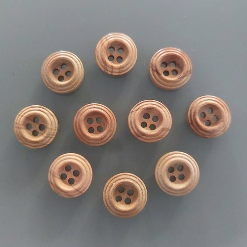 10 boutons bois rainurés ronds 12 mm 4 trous